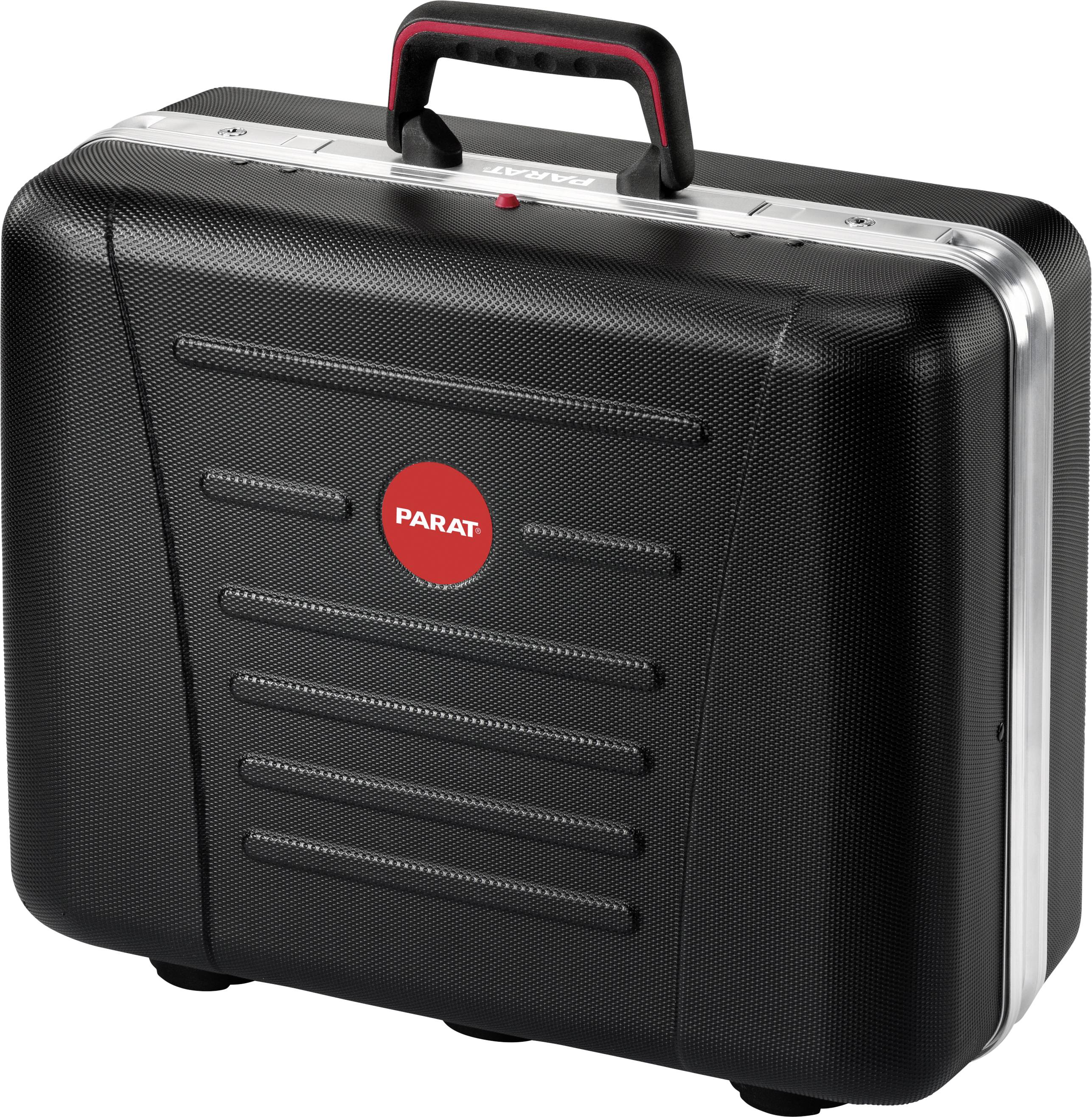 Zwarte, robuuste gereedschapskoffer met rood logo in het midden. De handgreep is ergonomisch ontworpen, ideaal voor veilig transport.