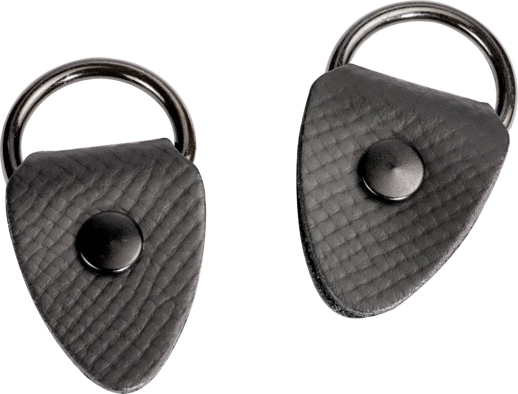 Twee zwarte, druppelvormige leren sleutelhangers met metalen ringen, naast elkaar liggend.