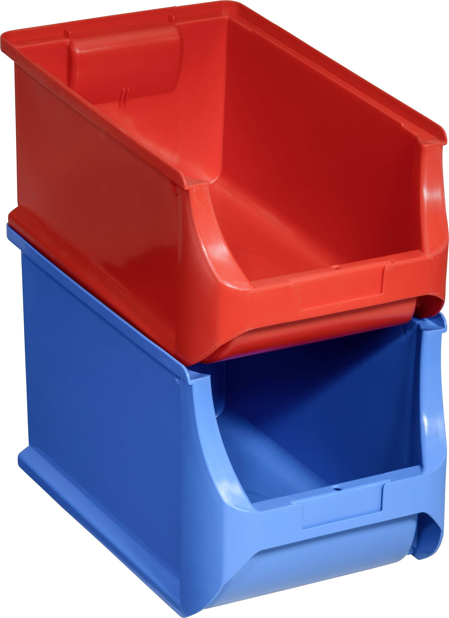 Twee stapelbare plastic dozen, een rode bovenop en een blauwe onderaan. Ze zijn open en kunnen worden gebruikt voor het opbergen van voorwerpen.