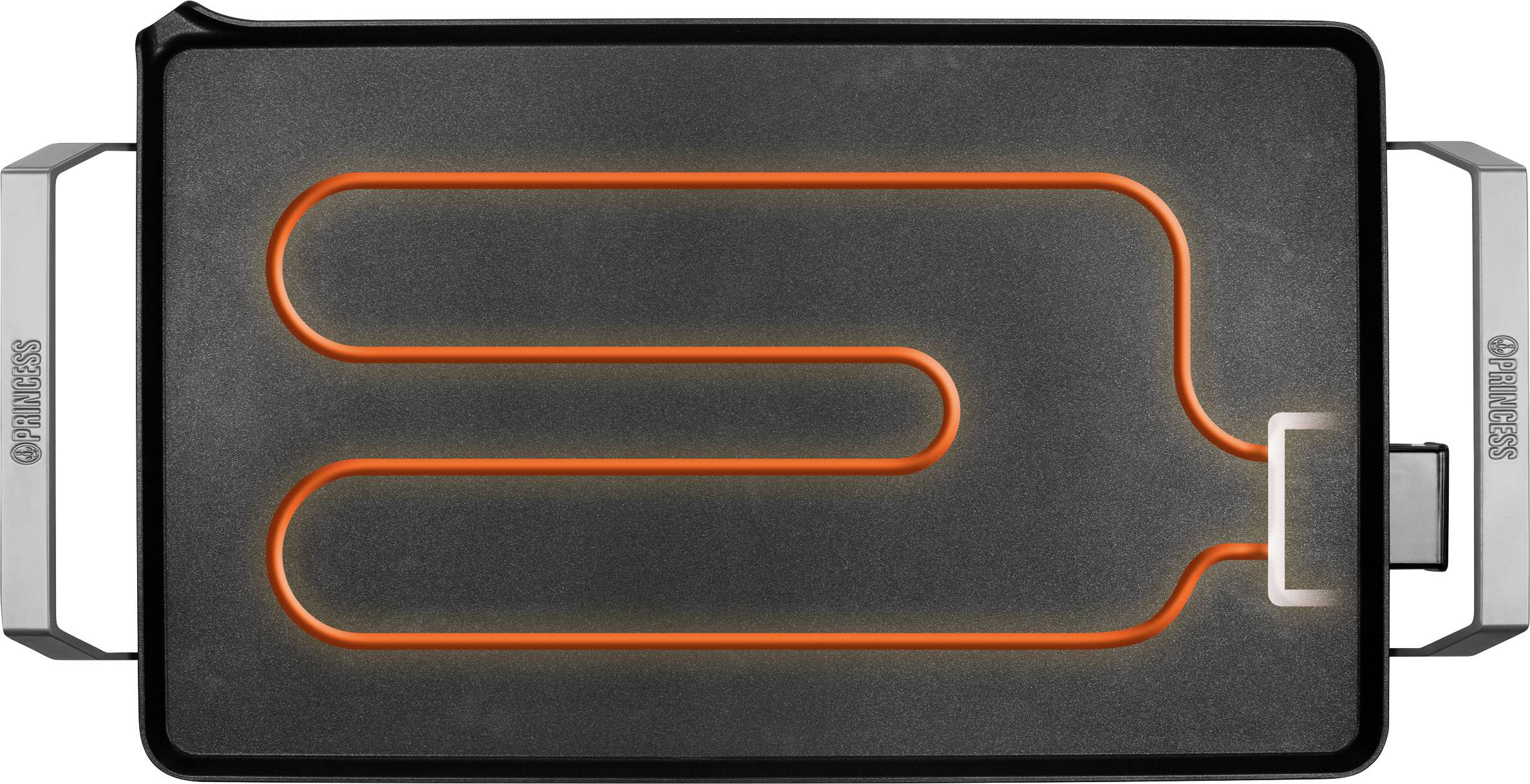 Een elektrische grill met een gloeiende verwarmingsspiraal in S-vorm, op een donker oppervlak, voor gelijkmatige warmteverdeling tijdens het grillen.