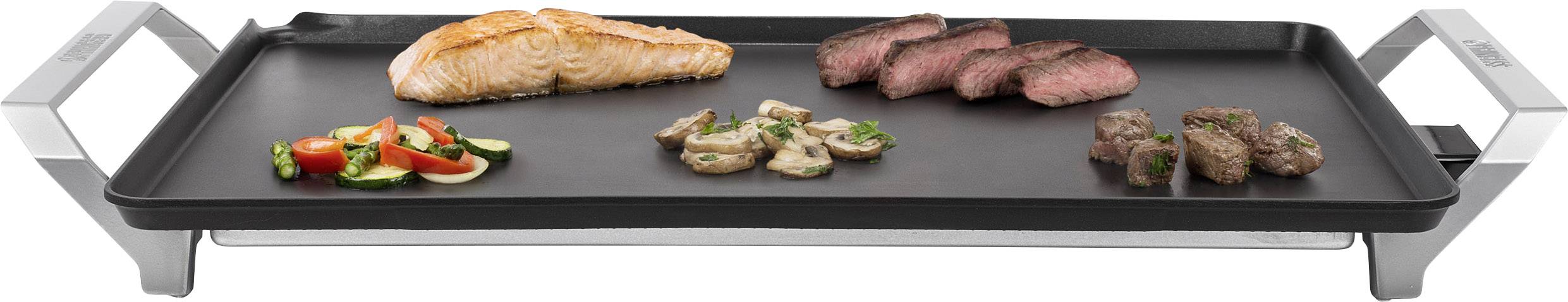 Een tafelgrill met zalm, steak, groentenmix, paddenstoelen en stukjes vlees. Perfect om verschillende gerechten tegelijkertijd te grillen.