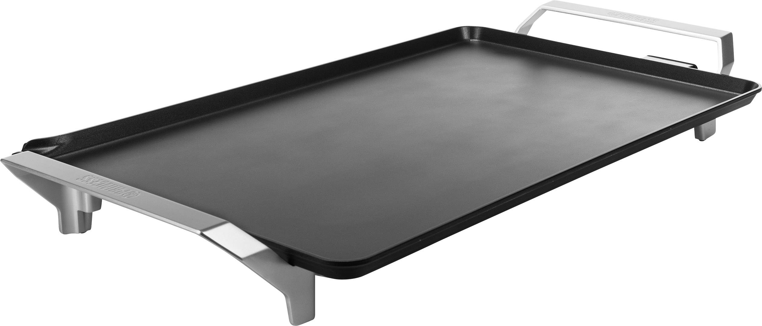 Elektrische grillplaat met rechthoekig oppervlak en metalen handgrepen aan beide zijden.