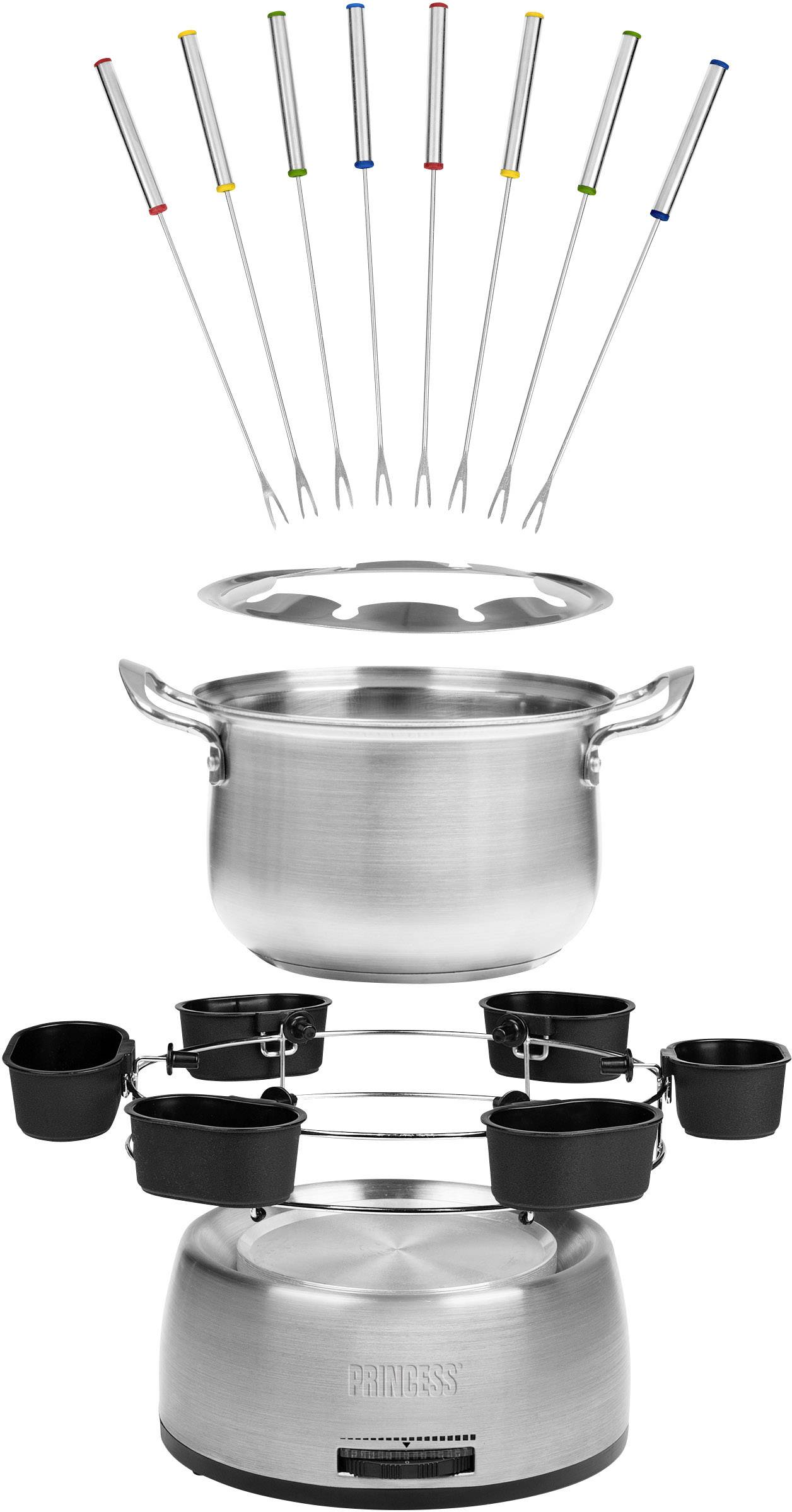 Een verwijderd fondueset van roestvrij staal met zes vorken, een pan met deksel, zes sausbakjes en een onderstel.