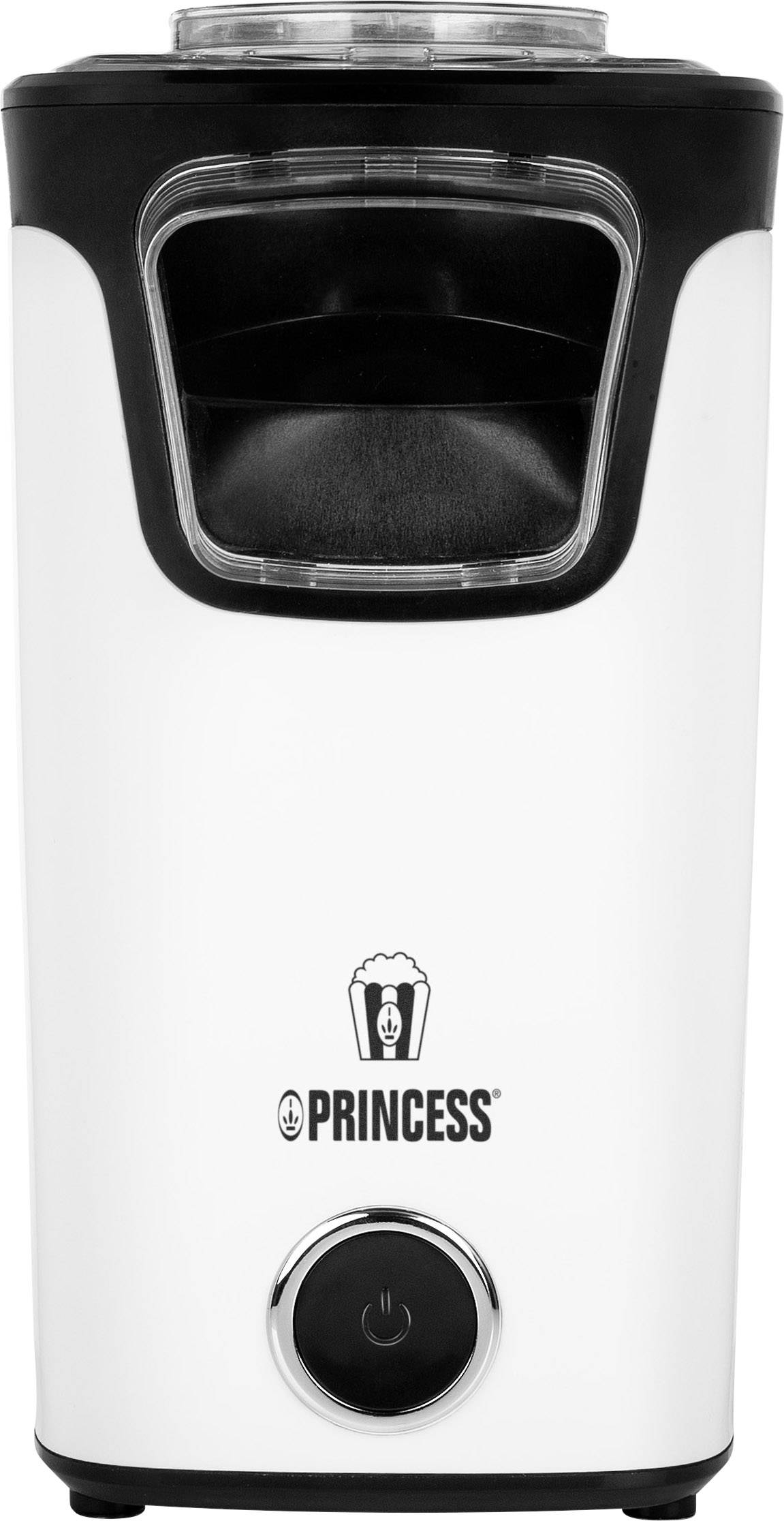 Een witte popcornmaker met een zwarte rand en een aan/uit-schakelaar onderaan. Bovenaan bevindt zich de opening voor de popcorn.