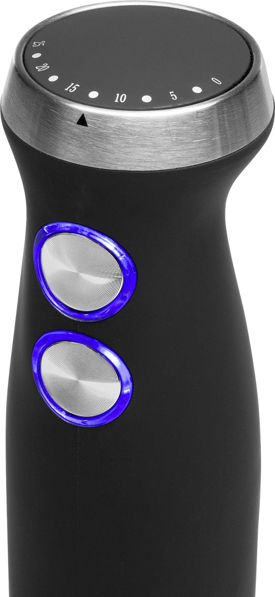 Een zwarte elektrische handmixer met twee blauwe knoppen en een zilverkleurige, draaibare snelheidsregelaar bovenaan.