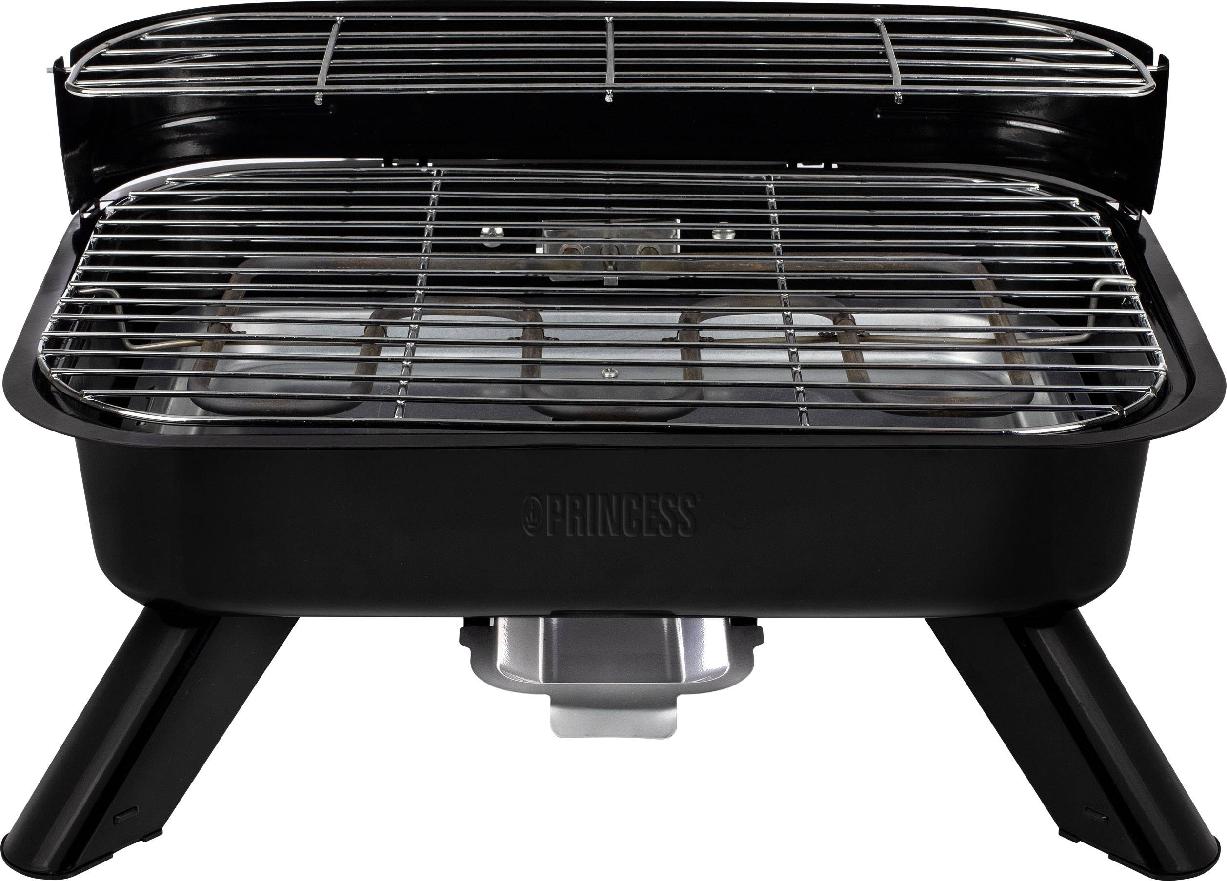 Een metalen tafelgrill met twee verwarmingsplaten, zwart en compact, geschikt voor grillen binnenshuis of op kleine balkons.