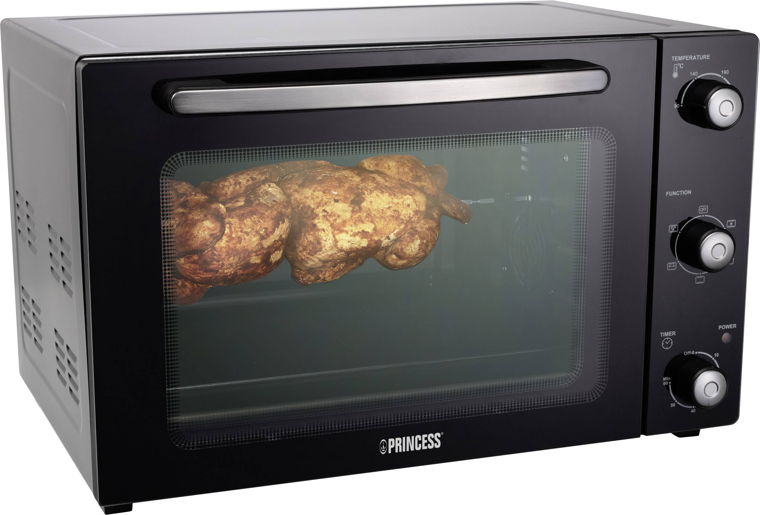 Een zwarte oven met draaispit-functie, waarin een hele kip gelijkmatig wordt gebruind. Bedieningsknoppen aan de rechterkant.