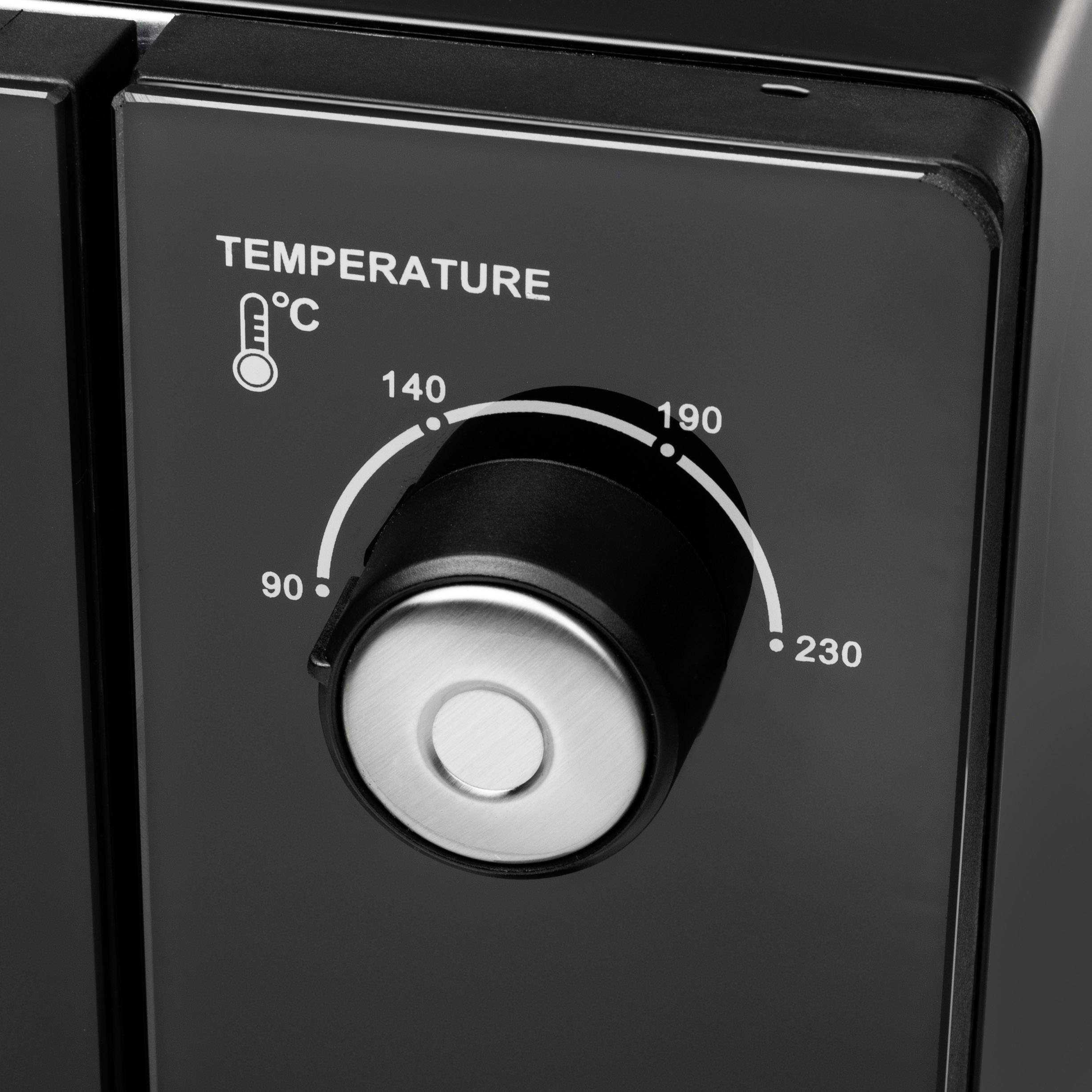 Temperatuurregelaar van een apparaat, toont temperaturen van 90°C tot 230°C. De regelaar is ingesteld op ongeveer 190°C.