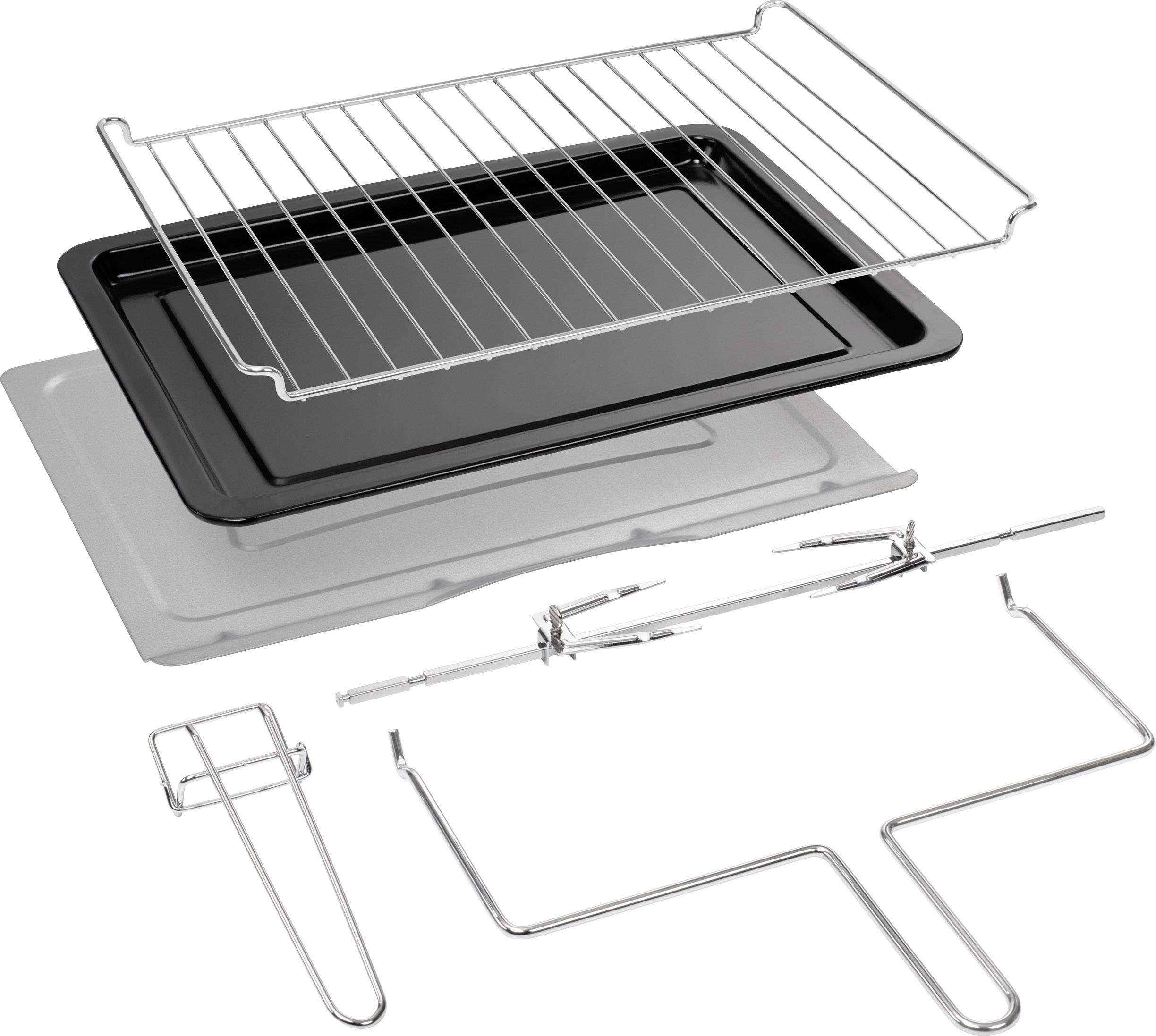 Een bakoven-accessoireset met rooster, bakplaat, braadplaat en een draaispit, geschikt voor verschillende kooktechnieken.