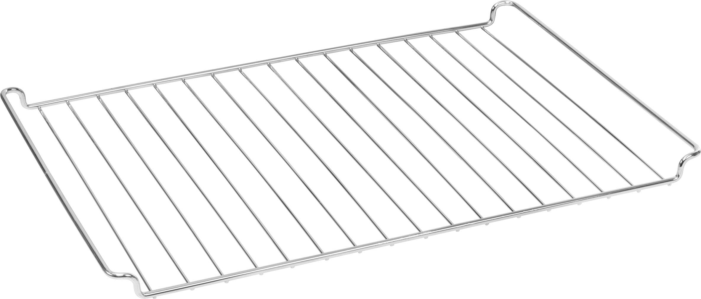 Een zilveren metalen ovenrooster, plat en rechthoekig, met parallelle staven om bakplaten of gerechten op te leggen.