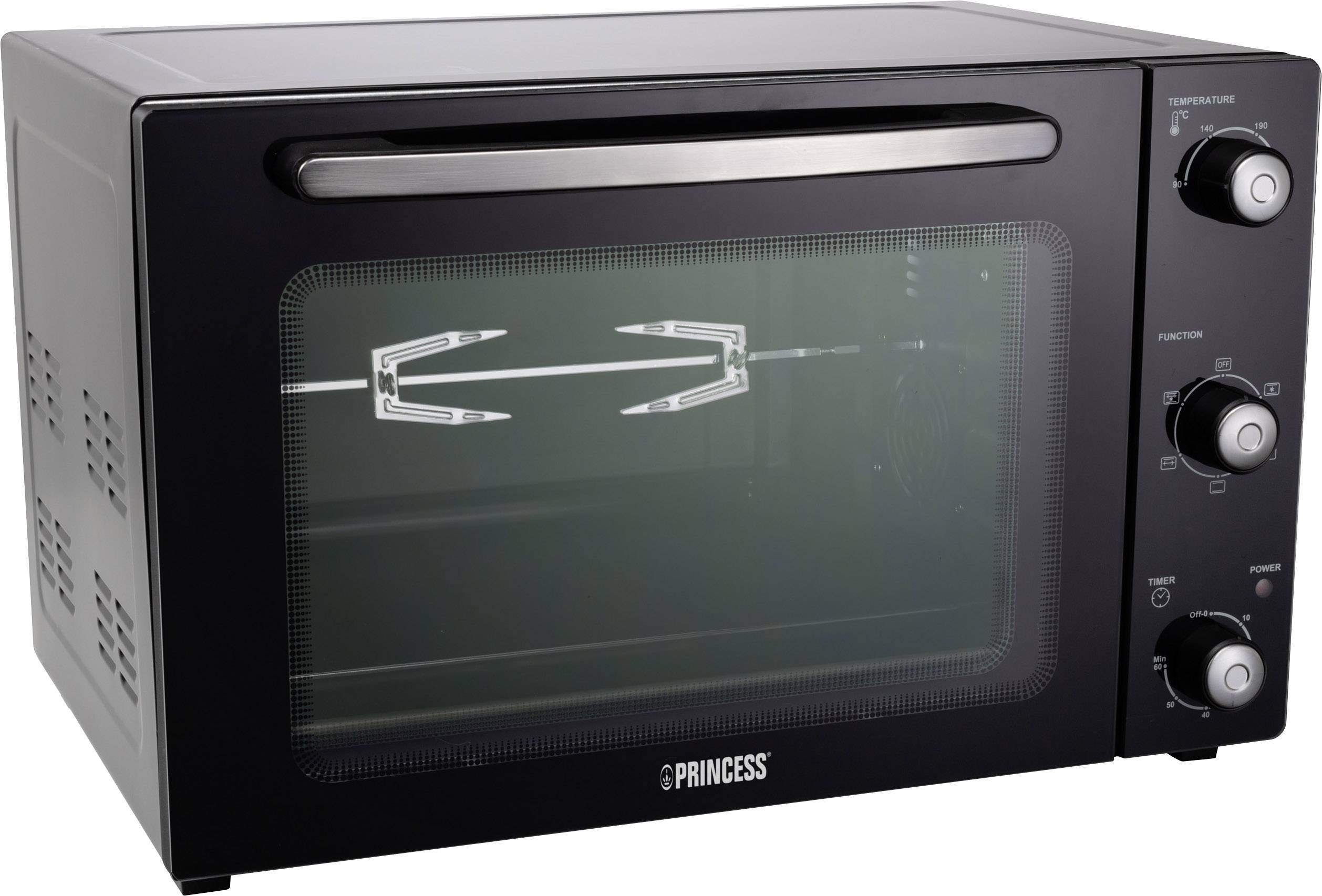 Een zwarte, vrijstaande heteluchtoven met een glazen deur en draaiknoppen aan de rechterkant voor temperatuur, functie en tijd.