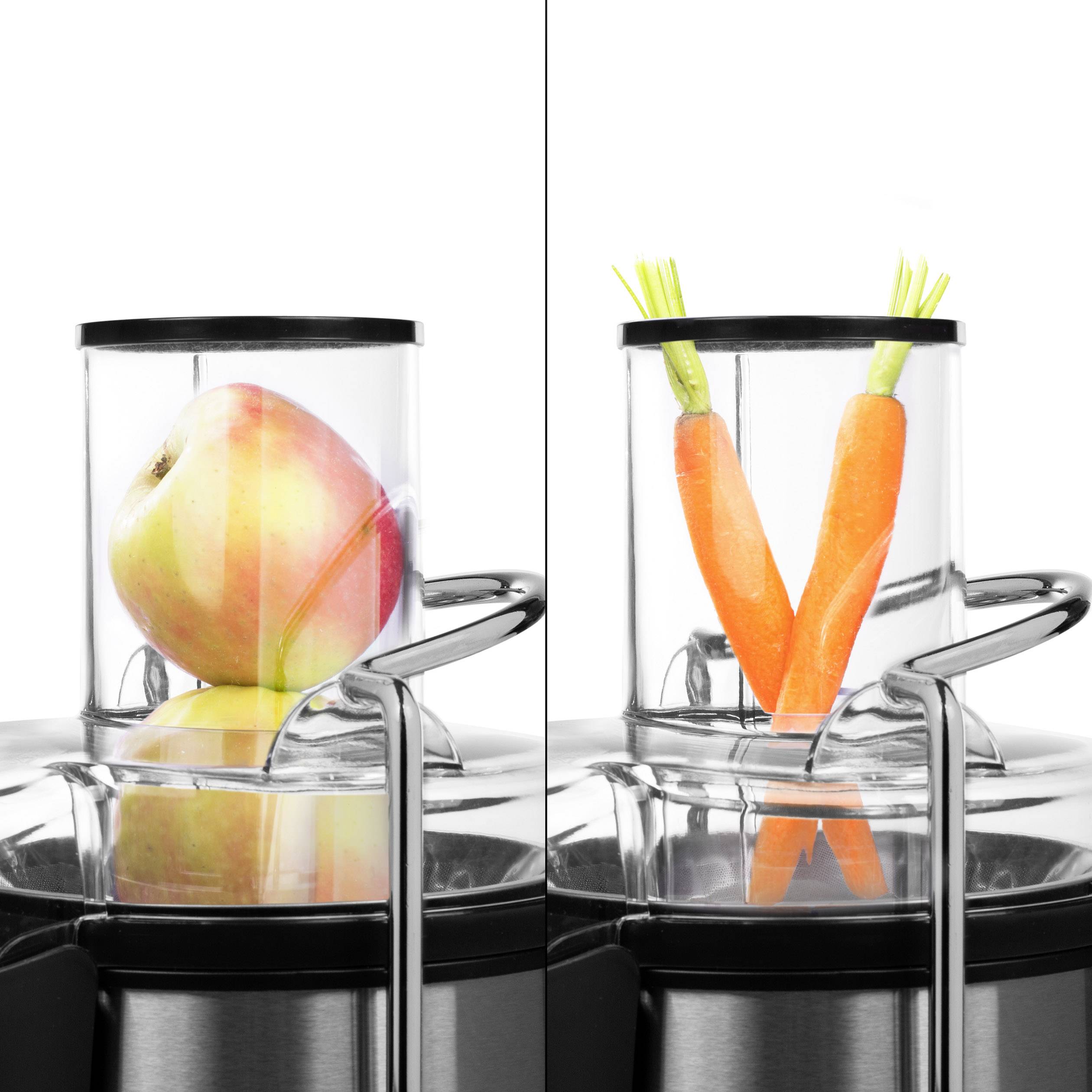 Een sapcentrifuge met appels aan de linkerkant en wortels aan de rechterkant toont de veelzijdigheid van het apparaat.