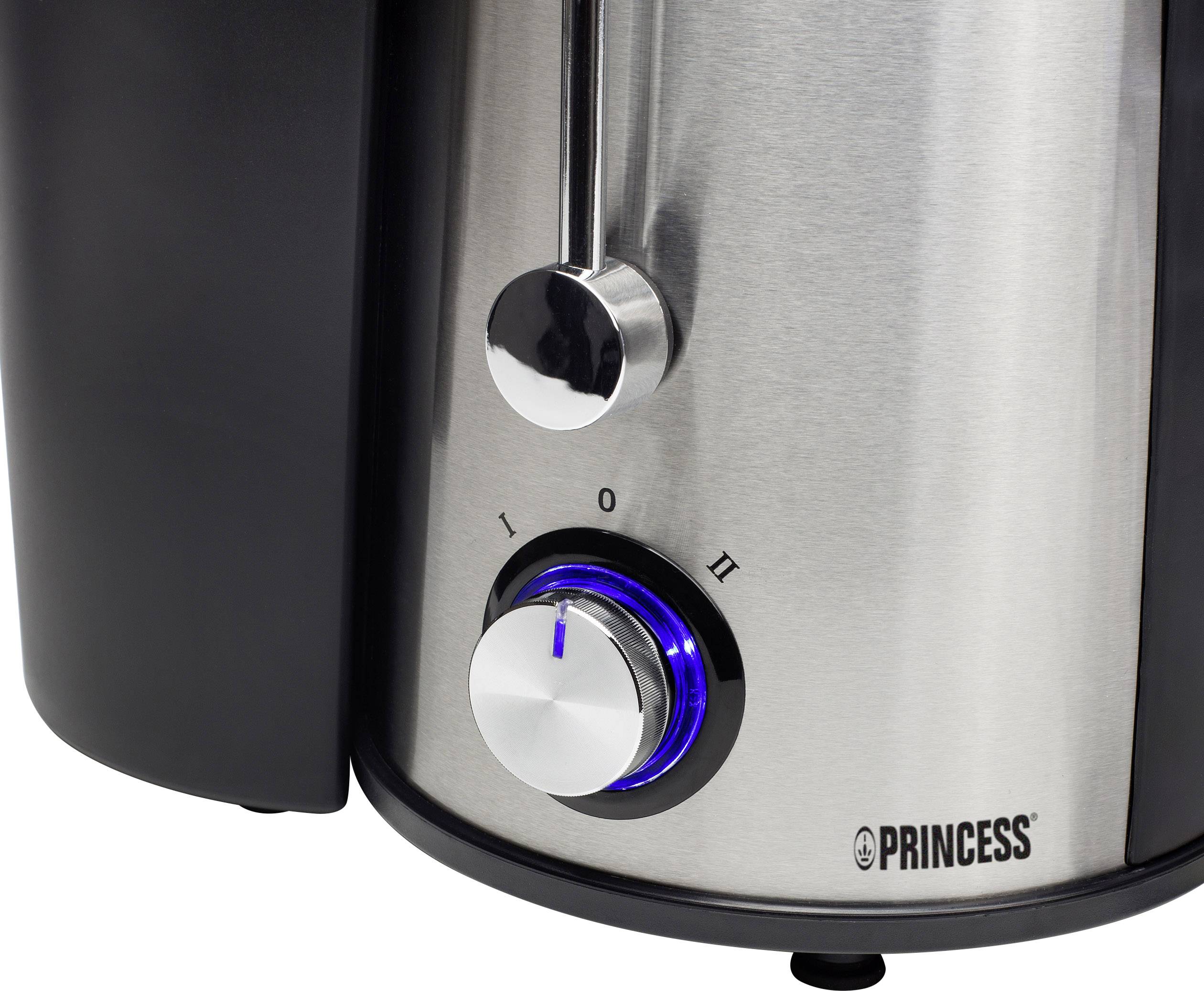 Zilveren roestvrij stalen powerblender met een ronde, blauw verlichte draaiknop. Bediening voor aan/uit en snelheidsstanden.