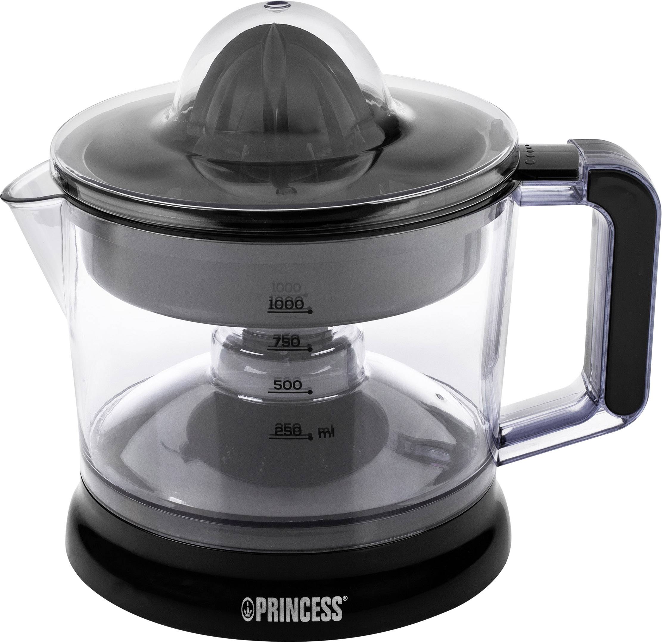 Transparante elektrische sapcentrifuge met zwarte deksel en handgreep. Maatstreepjes aan de zijkant tonen een capaciteit tot 1000 ml.