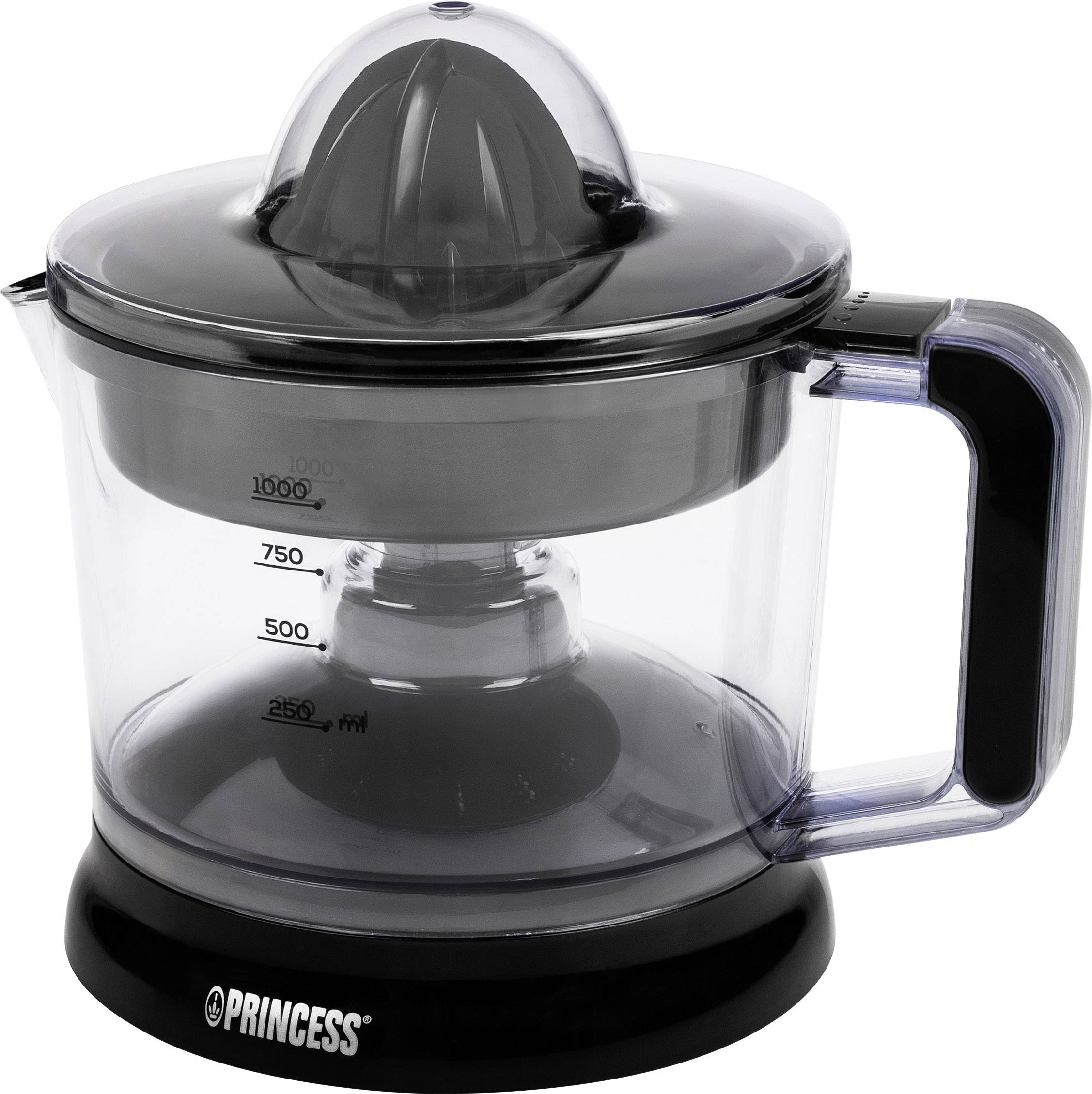 Elektrische citruspers met transparante kan en schaalverdeling, zwarte voet en handgreep. Merknaam 'Princess' op de voorkant.