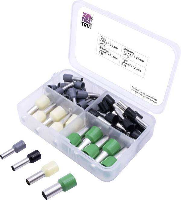 TRU COMPONENTS T1903C025 Assortiment adereindhulzen 4 mm², 6 mm², 10 mm², 16 mm² Deels geïsoleerd Grijs, Zwart, Geel, Groen 45 stuk(s)