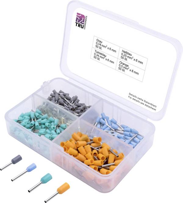 TRU COMPONENTS T1903C023 Assortiment adereindhulzen 0.14 mm², 0.25 mm², 0.34 mm², 0.50 mm² Deels geïsoleerd Grijs, Lichtblauw, Turquoise, Oranje 200 stuk(s)