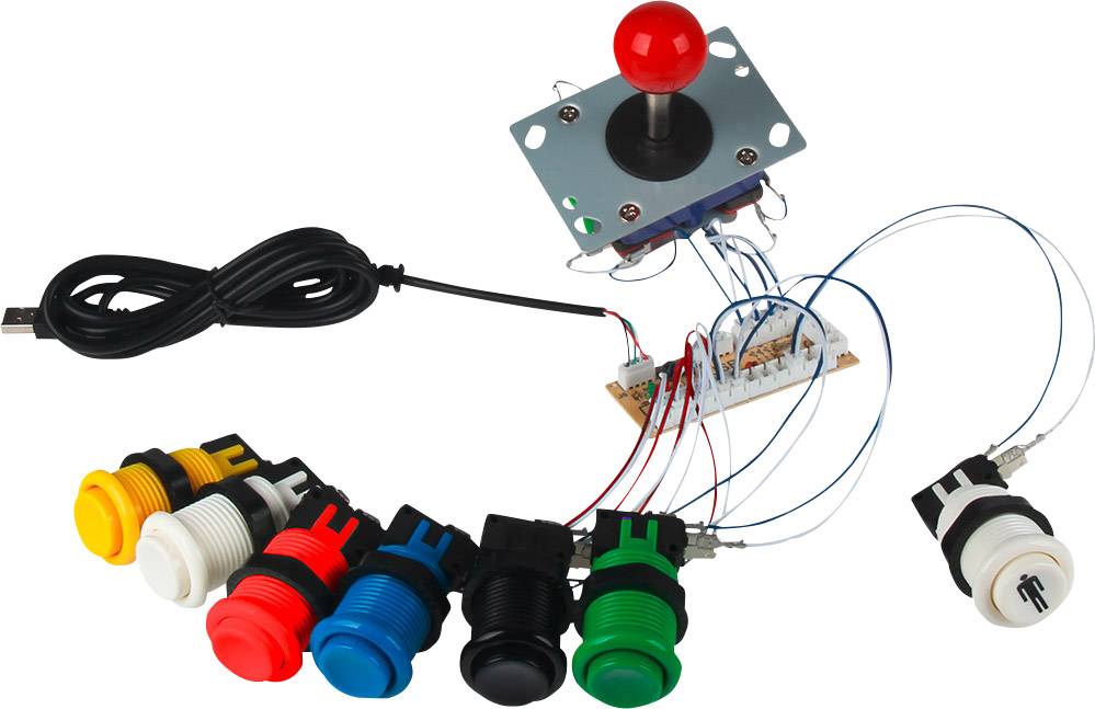 Joystick met rode handgreep, verbonden met een besturingsboard en zes gekleurde knoppen in blauw, groen, rood, zwart, wit en geel.