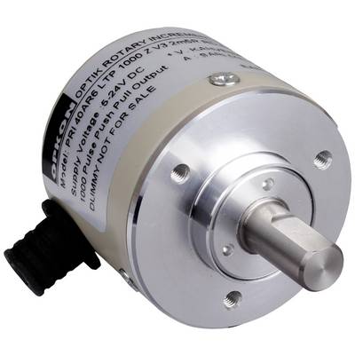 Een roterende incrementele encoder met een metalen behuizing en een stekkerverbinding. Opdrukken tonen technische specificaties.