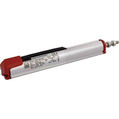 Een lineair potentiometer met metalen behuizing en rode eindkappen, gebruikt voor nauwkeurige afstandsmetingen in industriële toepassingen.