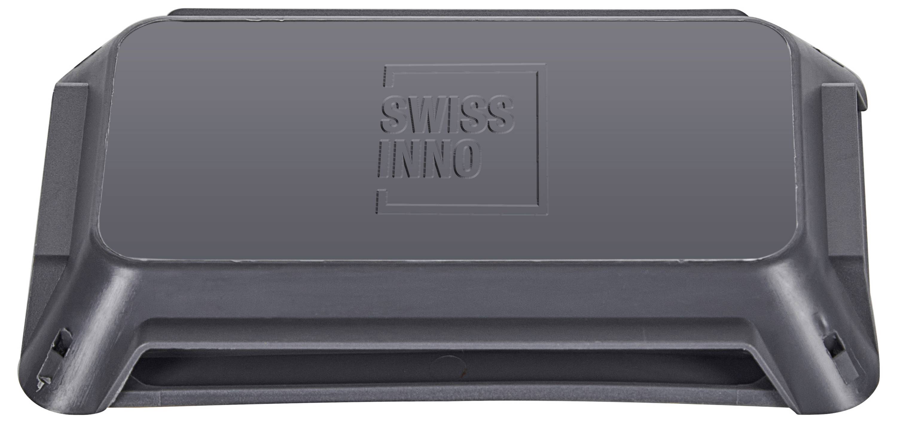Een rechthoekige zwarte kunststof doos met een opdruk van 'SWISS INNO' op het bovenoppervlak. De doos lijkt een beschermende behuizing of cover te zijn.