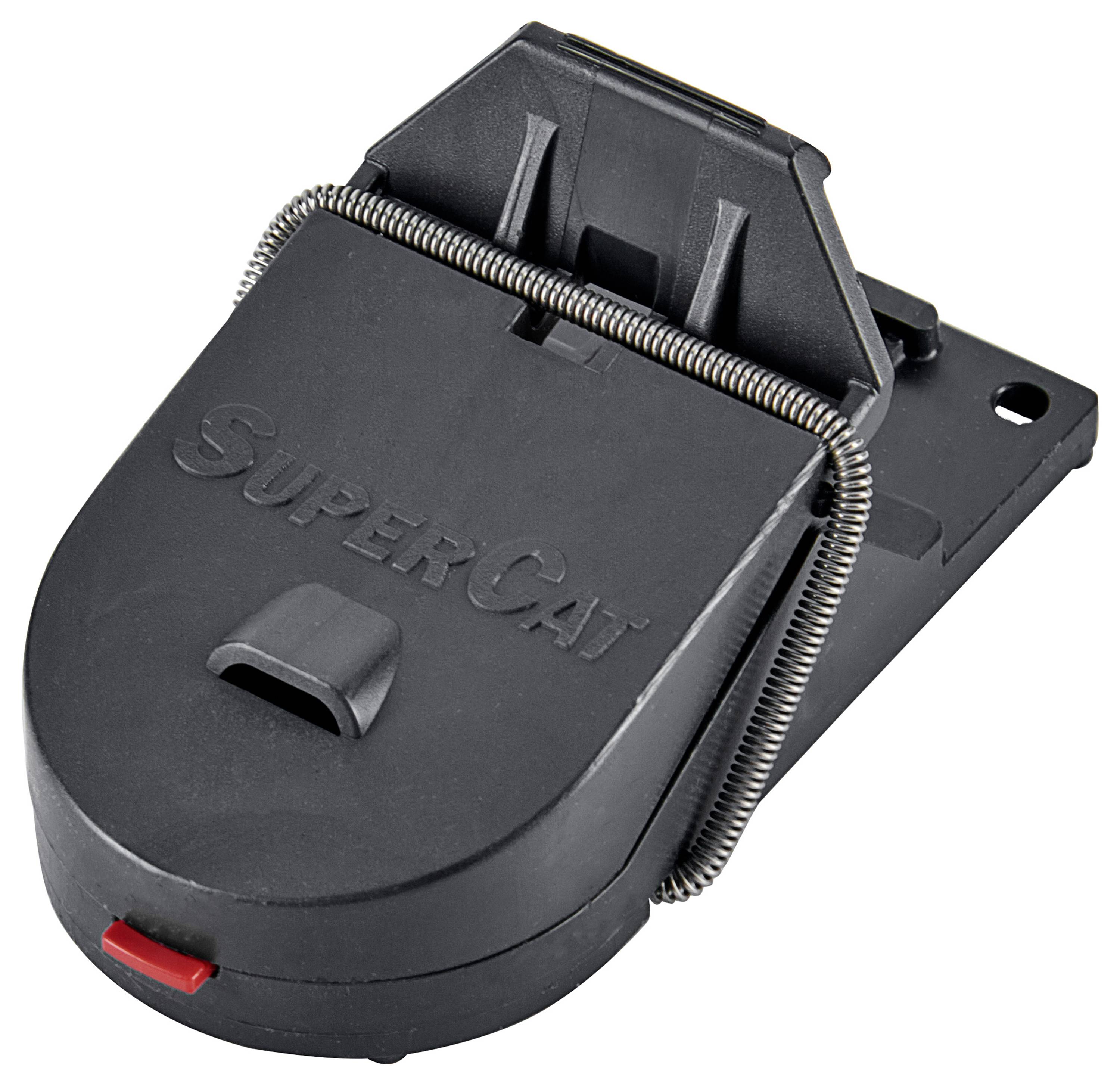 Een zwarte plastic rattenvallenwith een rood triggermechanisme ligt open, klaar voor gebruik.