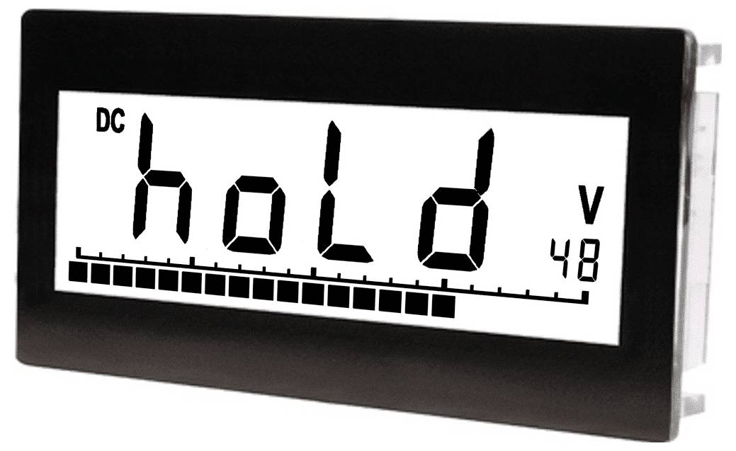 Het beeld toont een digitaal display waarop 'hold' staat met een meting van 48 volt, aangeduid met 'V' en 'DC'. Onder de tekst bevindt zich een staafdiagram.