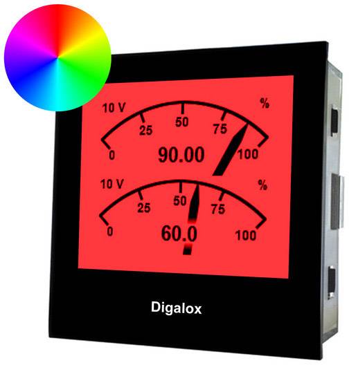 Meetapparaat met digitaal display toont spanning van 90 V en vermogen van 60%. Weergave op rode achtergrond, kleurencirkel linksboven.