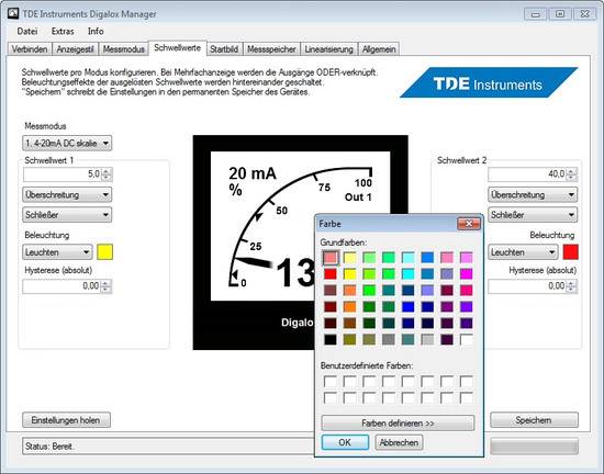 Toepassingsvenster 'TDE Instruments Digalox Manager'. Hoofdweergave met analoog meetinstrument; kleurinstellingsmogelijkheden; menu bovenaan.
