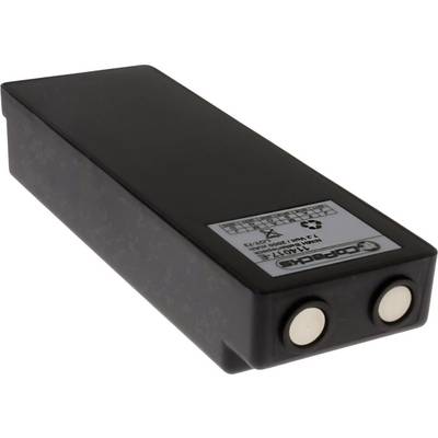 Rechthoekige, zwarte batterij met twee ronde aansluitingen aan de voorkant en een etiket met technische specificaties.