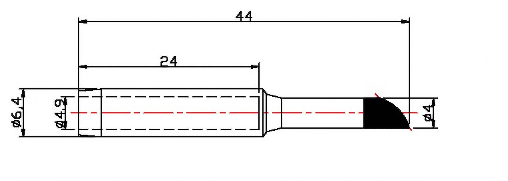 Technische tekening van een cilindrische pen met afmetingen: totale lengte 44 mm, diameter 4,9 mm, kopdoorsnede 4 mm.