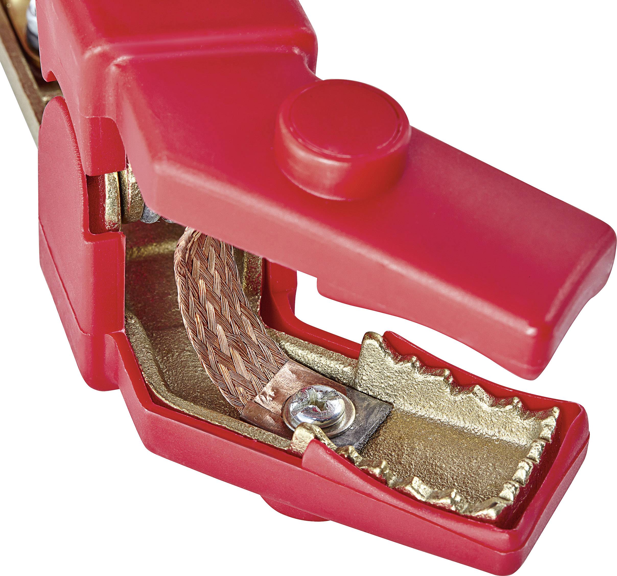 Rode startkabels met metalen verbinding, geopend. Toont binnenaanzicht van de klem. Gebruikt voor aansluiting op autobatterijen.