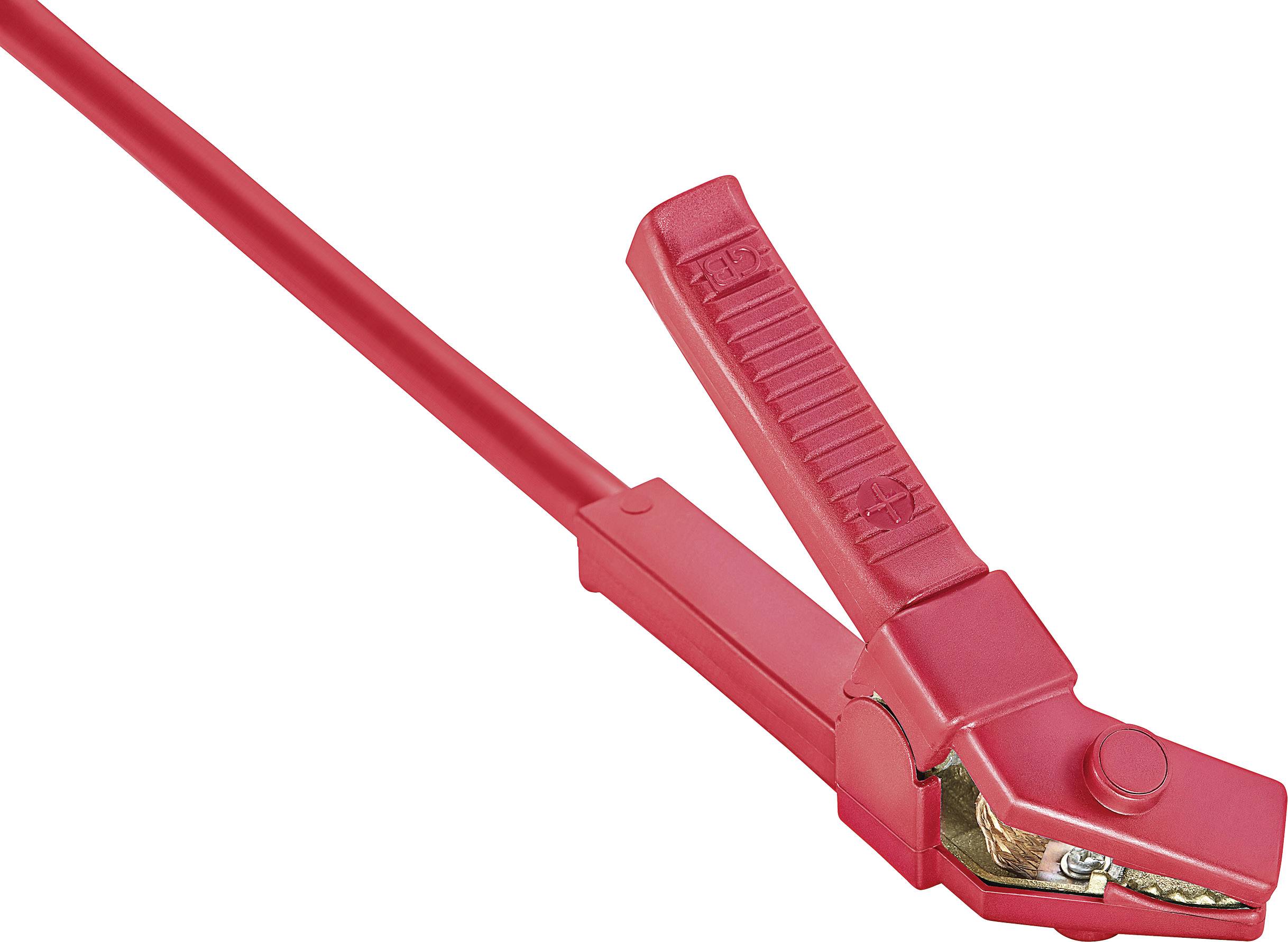 Een rood startkabel met een klem, vermoedelijk voor de polariteit van een autobatterij.