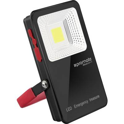 Een draagbare LED-schijnwerper met rode handgreep, gemarkeerd als 'promate Beacon1 LED Emergency treasure'.