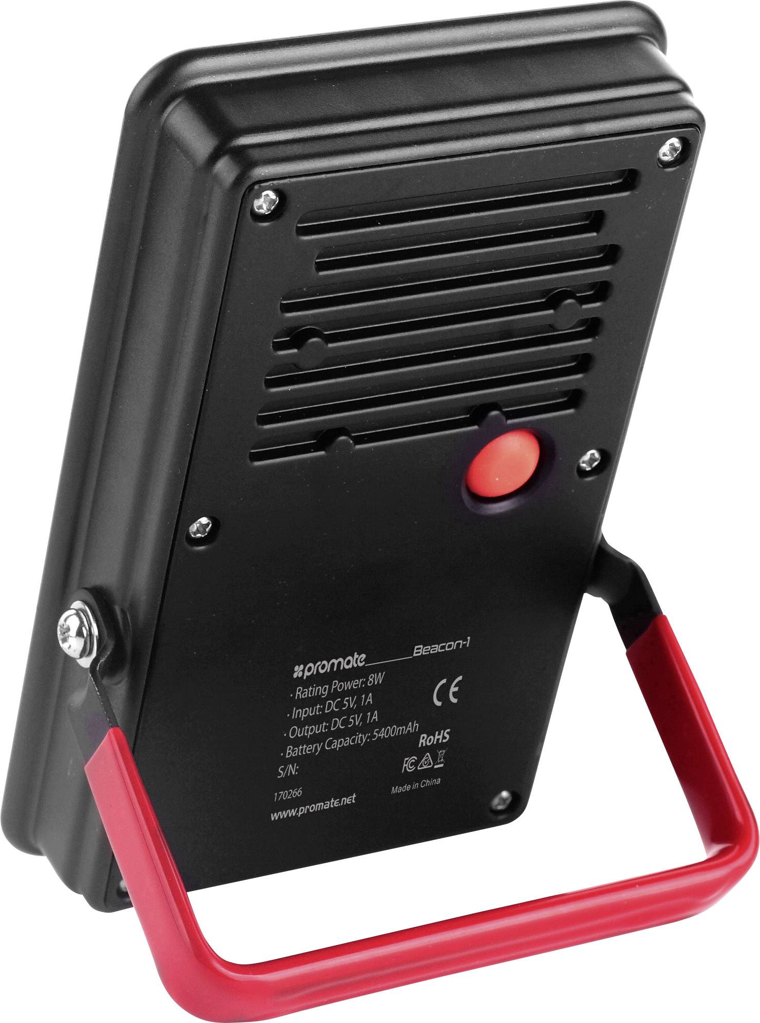 Zwarte draagbare LED-lamp met rode handgreep en zichtbare gegevens over vermogen en batterij aan de achterkant.