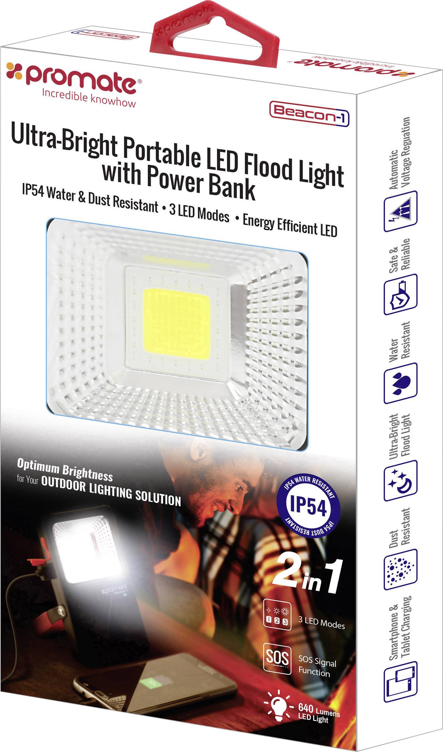 Draagbare LED-schijnwerper met powerbank, IP54 water- en stofbestendig, 3 lichtmodi, energiezuinig, voor buitenverlichting.