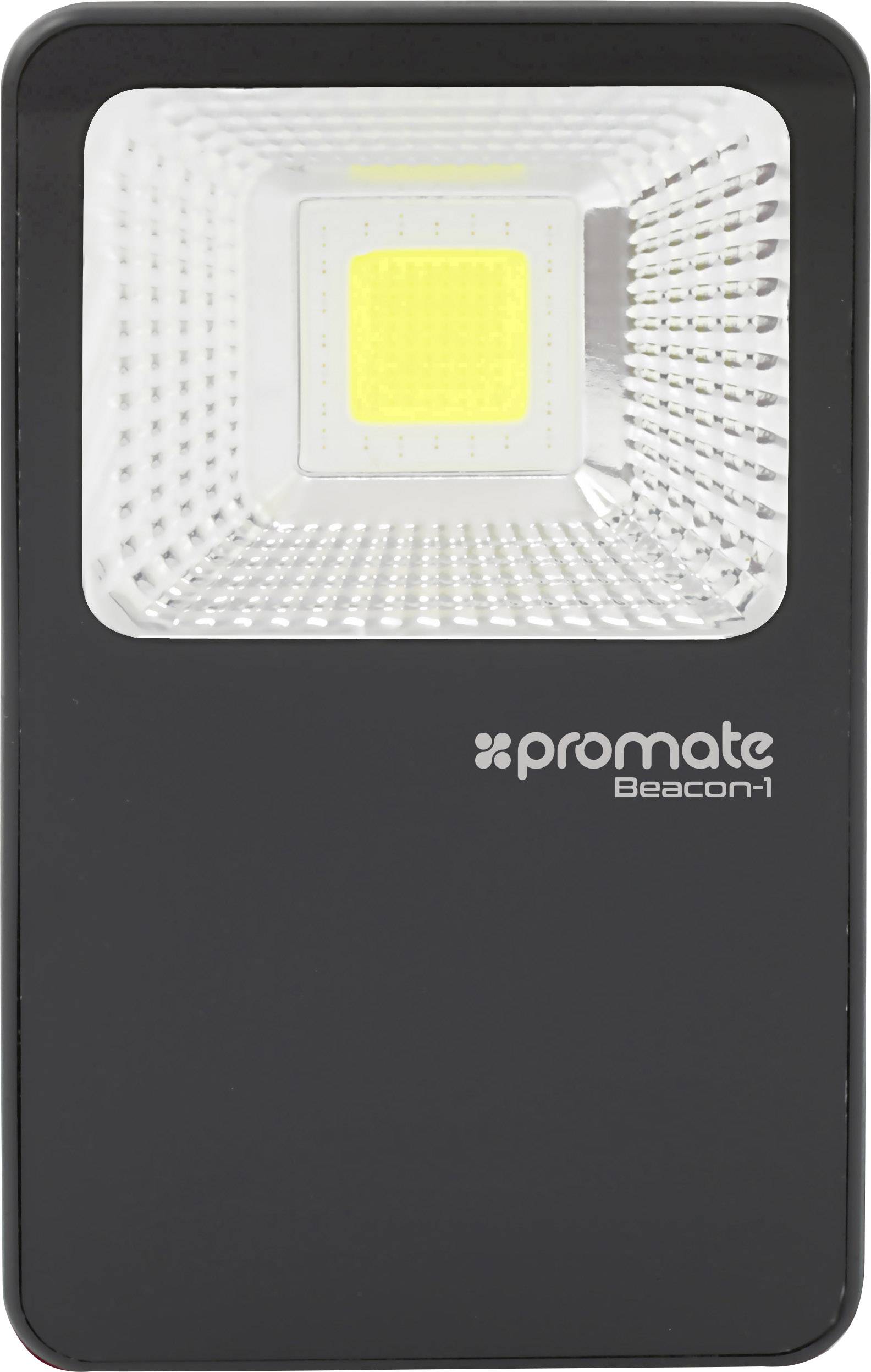 Een zwarte LED-zaklamp van Promate met geel oplichtend licht in het midden en de modelnaam 'Beacon-1' op de voorkant.