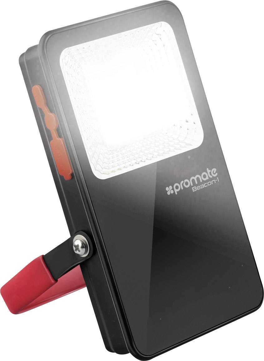Een draagbare LED-schijnwerper met rode handgreep, ideaal voor buitenactiviteiten. Merk 'Promate Beacon1', zwarte behuizing.