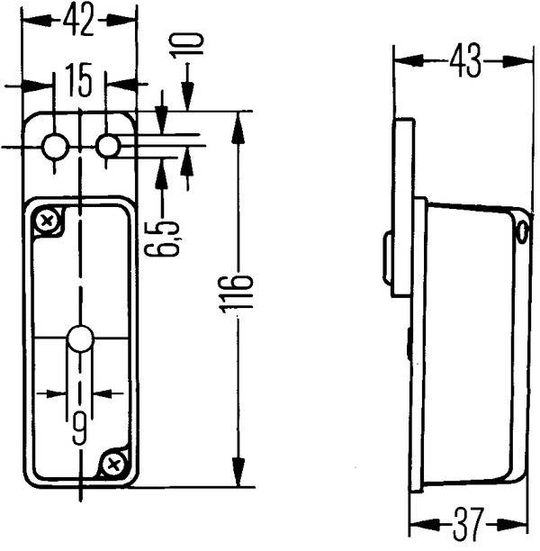 Technische tekening van een slot met gedetailleerde maatvoeringen. Toont voor- en zijaanzicht met lengte- en breedtemetingen.
