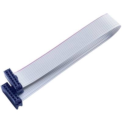 Plat grijs plat lint kabel met zwarte stekkerverbindingen aan beide uiteinden, waarschijnlijk gebruikt voor elektronische aansluitingen.