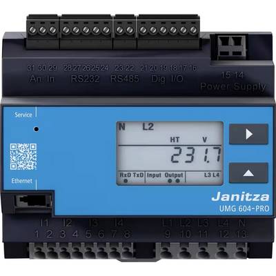 Vooraanzicht van een Janitza UMG 604-PRO stroommeter met LCD-scherm dat 231.7 V aangeeft, terminaletiketten, QR-code en pijlknoppen.