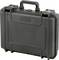 Een zwarte, robuuste hardcase koffer met handgreep en sluitingen, geschikt voor het beschermen van gevoelige apparatuur tijdens transport.