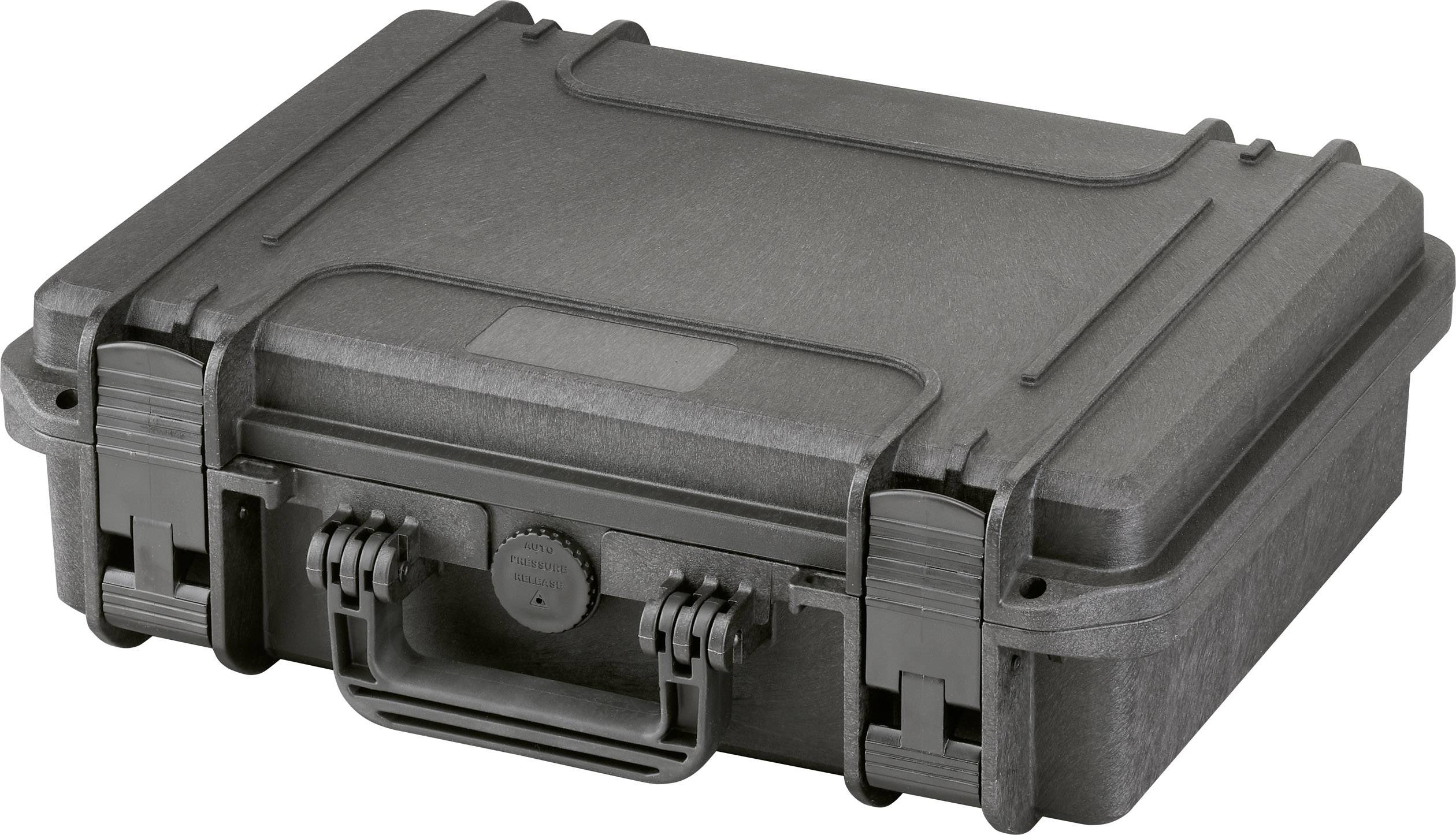 Een zwarte, robuuste, waterdichte hardcase koffer met handgreep; ideaal voor het veilig vervoeren van gevoelige apparatuur.