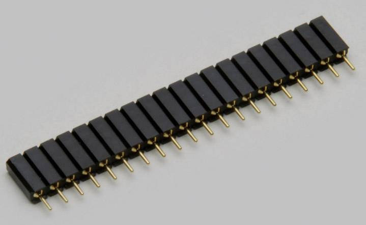 Een rij van 20 zwart-gouden stiftlijst-pinnen op een grijze achtergrond, gebruikt voor elektronische verbindingen.