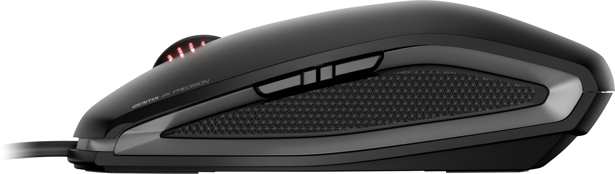 Zwarte computermuis met kabel en zijtoetsen, rode accentverlichting aan de bovenkant.