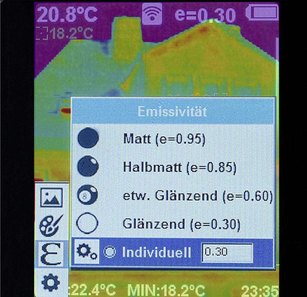 Thermische afbeelding van een huis met menu voor emissiewaarde-instelling: 'Mat', 'Halfmat', 'Iets glanzend', 'Glanzend', 'Individueel'.