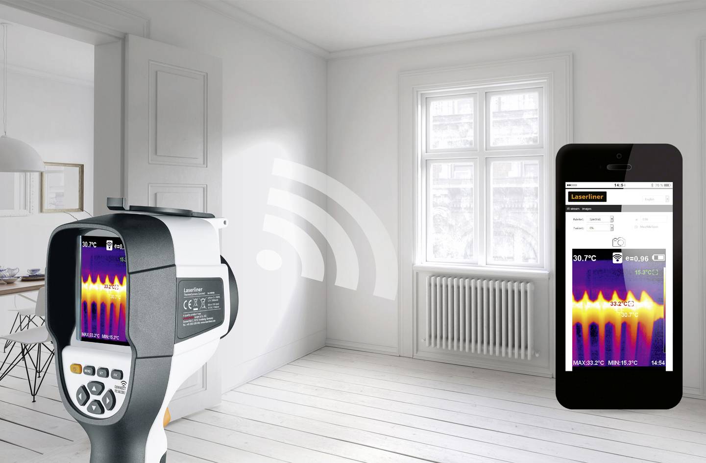 Een warmtebeeldcamera meet de temperatuur van een ruimte en toont kleurrijke thermogrammen. Draadloze verbinding met een smartphonescherm.
