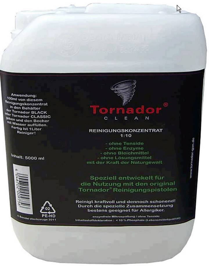 Een 5-liter jerrycan met reinigingsconcentraat 'Tornador Clean', mengverhouding 1:10. Speciaal ontwikkeld voor Tornador-reinigingspistolen.