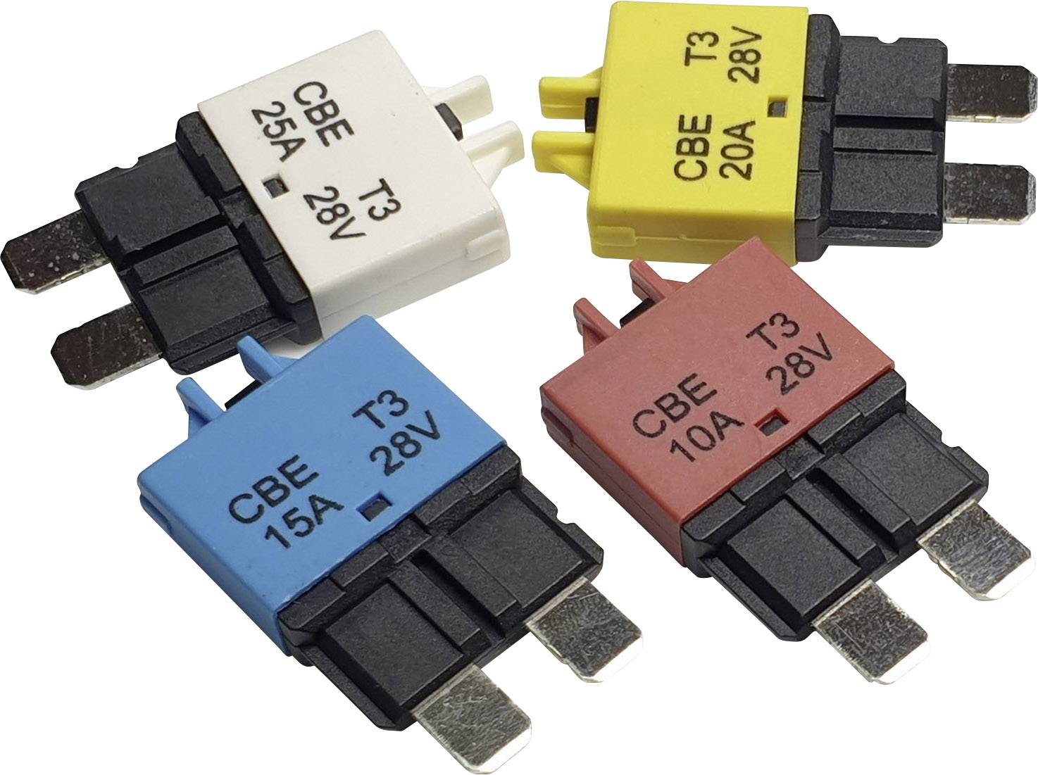 Vier elektrische zekeringen in verschillende kleuren (wit, geel, blauw, rood) tonen verschillende stroomsterktes (25A, 20A, 15A, 10A) en spanning (28V).