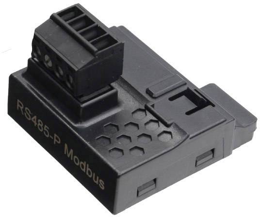 'Zwart RS485-P Modbus-module met connectoren en opschrift. Elektronisch onderdeel voor seriële datacommunicatie.'